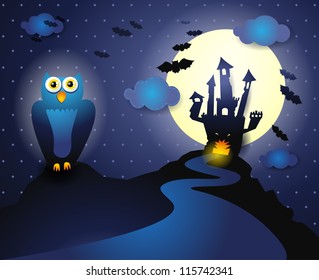 Halloween background with castle and owl, vector