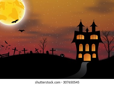 Halloween background with castle, pumkin, bats and big moon. Vector illustration