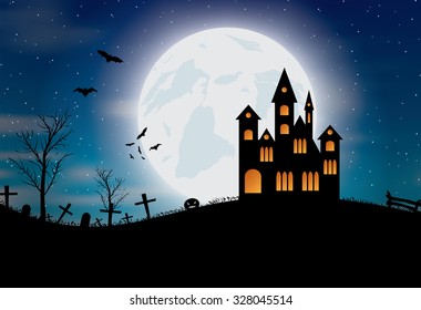 Halloween background with castle, pumkin, bats and big moon. Vector illustration
