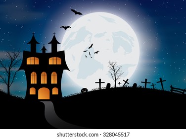 Halloween background with castle, pumkin, bats and big moon. Vector illustration