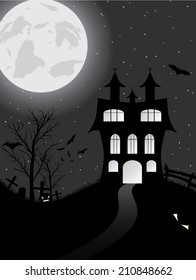 Halloween background with castle, pumpkin, bats and big moon. Vector illustration
