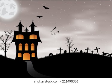 Halloween background with castle, pumpkin, bats and big moon. Vector illustration