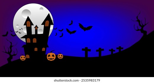 Fondo de Halloween con castillo, cementerio de calabaza y murciélagos volando. Ilustración vectorial. Halloween celebra el festival 