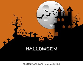 Halloween background with castle , pumpkin graveyard and bats flying. Vector illustration.Halloween celebrate festival 