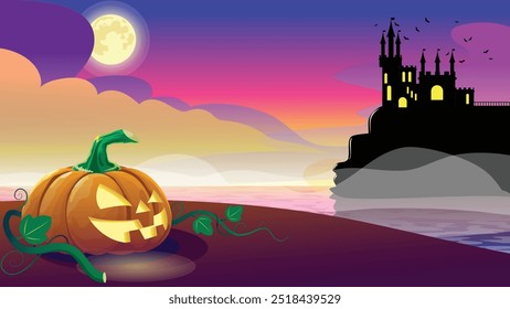 Halloween background with castle and pumpkin on the beach.