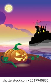Halloween background with castle and pumpkins on the lake.