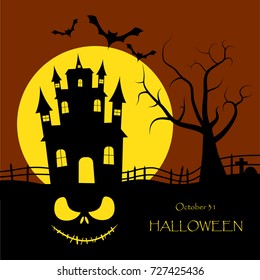 Halloween Background with castle, tree, flying bats and a huge moon