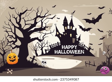 Halloween background with castle, trees, bats and pumpkin. Free Vector illustration