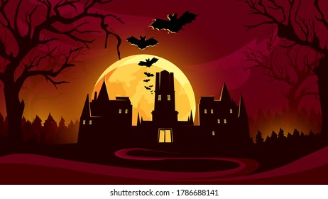 Halloween background with castle under the red sky. Scary night scene.