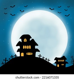 Halloween background with  castle and various silhouettes of flying bats against full moon.