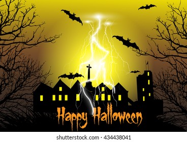 Halloween background with castle,cross,dead tree,thunderbolt, bats and big moon. Vector illustration eps10.