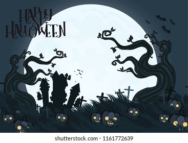 Halloween background and Castle,Moon,pumpkin,object with Vectors cartoon illustration, Trick or Treat Concept. Vectors for Halloween day with copy space for text. size for website cover.