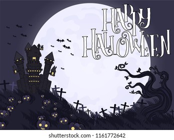 Halloween background and Castle,Moon,pumpkin,object with Vectors cartoon illustration, Trick or Treat Concept. Vectors for Halloween day with copy space for text. size for website cover.
