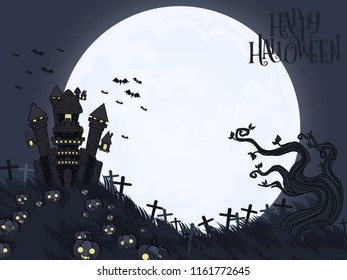 Halloween background and Castle,Moon,pumpkin,object with Vectors cartoon illustration, Trick or Treat Concept. Vectors for Halloween day with copy space for text. size for website cover.