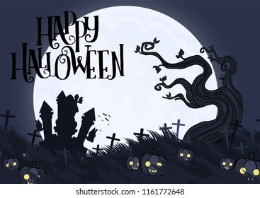 Halloween background and Castle,Moon,pumpkin,object with Vectors cartoon illustration, Trick or Treat Concept. Vectors for Halloween day with copy space for text. size for website cover.