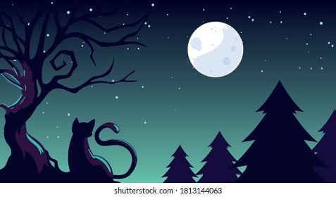 halloween background with cat in the dark field vector illustration design
