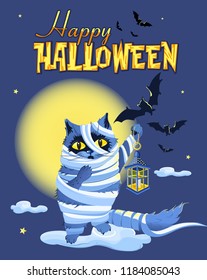 Halloween background with cat dressed as a Mummy, lantern, moon and bats. Good for greetings design. Vector illustration.