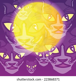 Halloween background with cat heads and full moon.