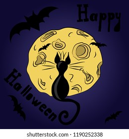 Halloween background with cat, moon and bats. Good for greetings design. Paintbrush strokes texture. Sarcastic vector illustration. Silhouette of cat on the background of the Moon.