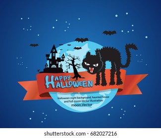 Halloween background cat night with twilight sky full moon