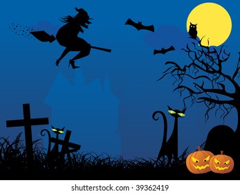 halloween background with cat, pumpkin and witch