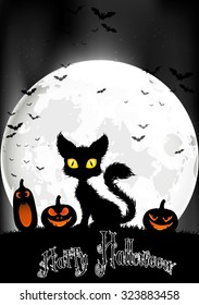 Halloween background with cat and pumpkins on the full moon. Vector