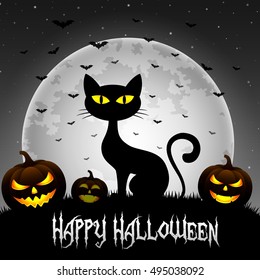 Halloween background with cat and pumpkins on the full moon