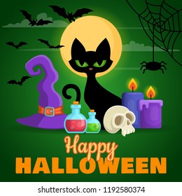 Halloween background with cat, skull, candle, potion and hat. Vector illustration