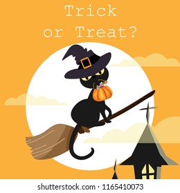 Halloween background with cat witches with broom flying on sky and Trick or Treat text.