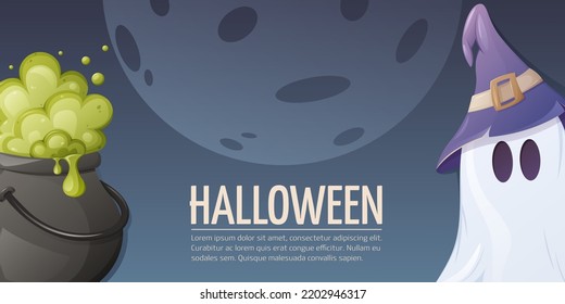 Halloween background. Cauldron with a potion and a ghost in a magic hat. Vector horizontal illustration with space for text. For banner, poster, flyer, website interface