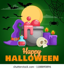 Halloween background with cauldron, skull, potion, hat and candles. Vector illustration