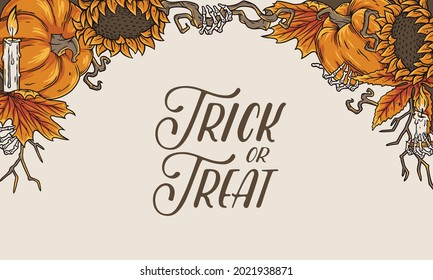 Halloween background for celebration autumn party. Spooky flyer with pampkin, skeleton hand and candle for holiday happy halloween