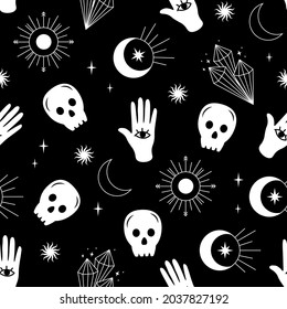 Halloween background in celestial style. Sun, hand, moon, stars on monochrome color. 