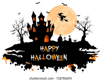 Halloween background with cemetery, bats and castle