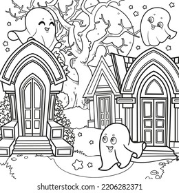 Halloween background cemetery and crypts with ghosts moon night outlined for coloring page