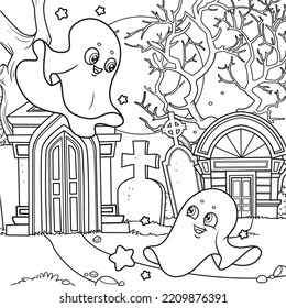 Halloween background of cemetery and crypts with ghosts moon night outlined for coloring page