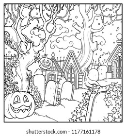 Halloween background cemetery and crypts with Halloween pumpkins outlined for coloring page