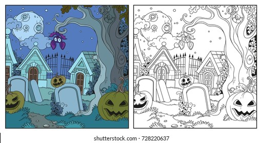 Halloween background cemetery and crypts with pumpkins color and outlined for coloring page