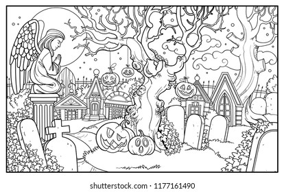 Halloween background cemetery and crypts with statue of an angel in prayer outlined for coloring page