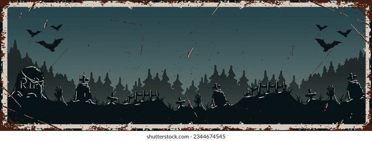 Halloween background with cemetery and forest for scary poster. Season banner with skeleton hands and bat for dark fear october design