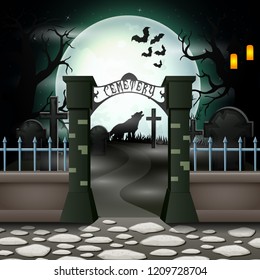 Halloween background with cemetery in full moon