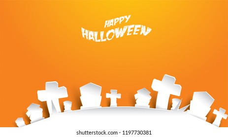 Halloween background with cemetery gravestone in paper art carving style. banner, poster, Flyer or invitation template party. Vector illustration.