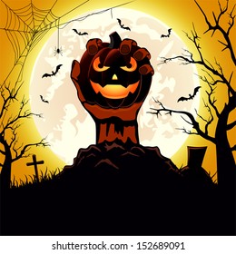 Halloween background, cemetery and hand with Jack O' Lantern, illustration.
