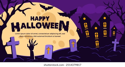 Halloween background cemetery landscape with zombie hands, tombstones, and haunted house