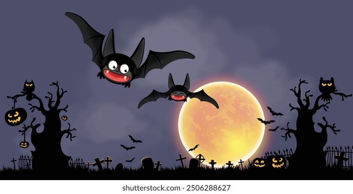 Halloween background with a cemetery, moon and bats. High detailed realistic illustration.