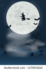 Halloween background. Cemetery in night with full moon, flying witch and bats. Halloween background for design banner, poster, cover. Vector illustration.