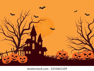 Plano de fundo de Halloween com cemitério na noite de lua cheia e abóboras com morcegos assustadores voadores. Silhueta de árvores e grama. ilustração vetorial