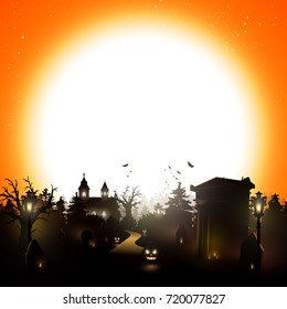 Halloween background with cemetery and place for text
