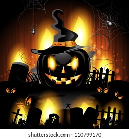 Halloween background with cemetery and pumpkin