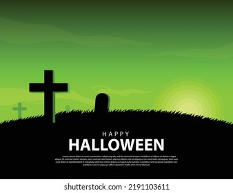 Halloween Background With Cemetery Silhouette And Spooky Green Light Moon On Night